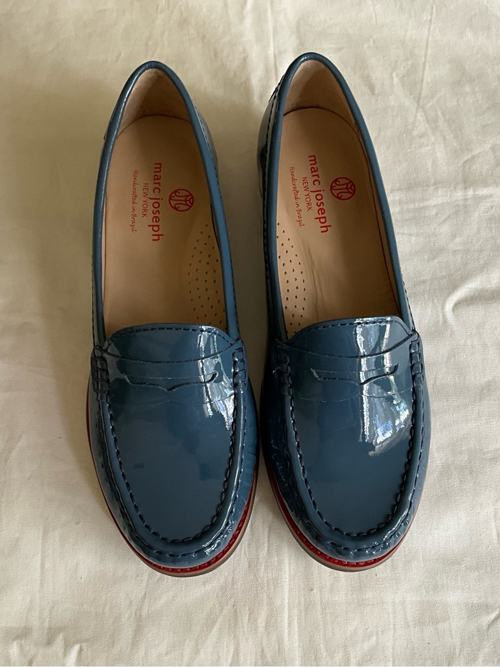 Marc Joseph Navy Blue Patent Leather Penny Loafers